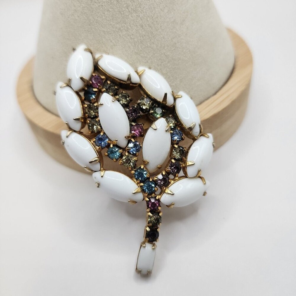 Vintage Leaf Multicolor Rhinestone Brooch Milk White & Aurora Borealis